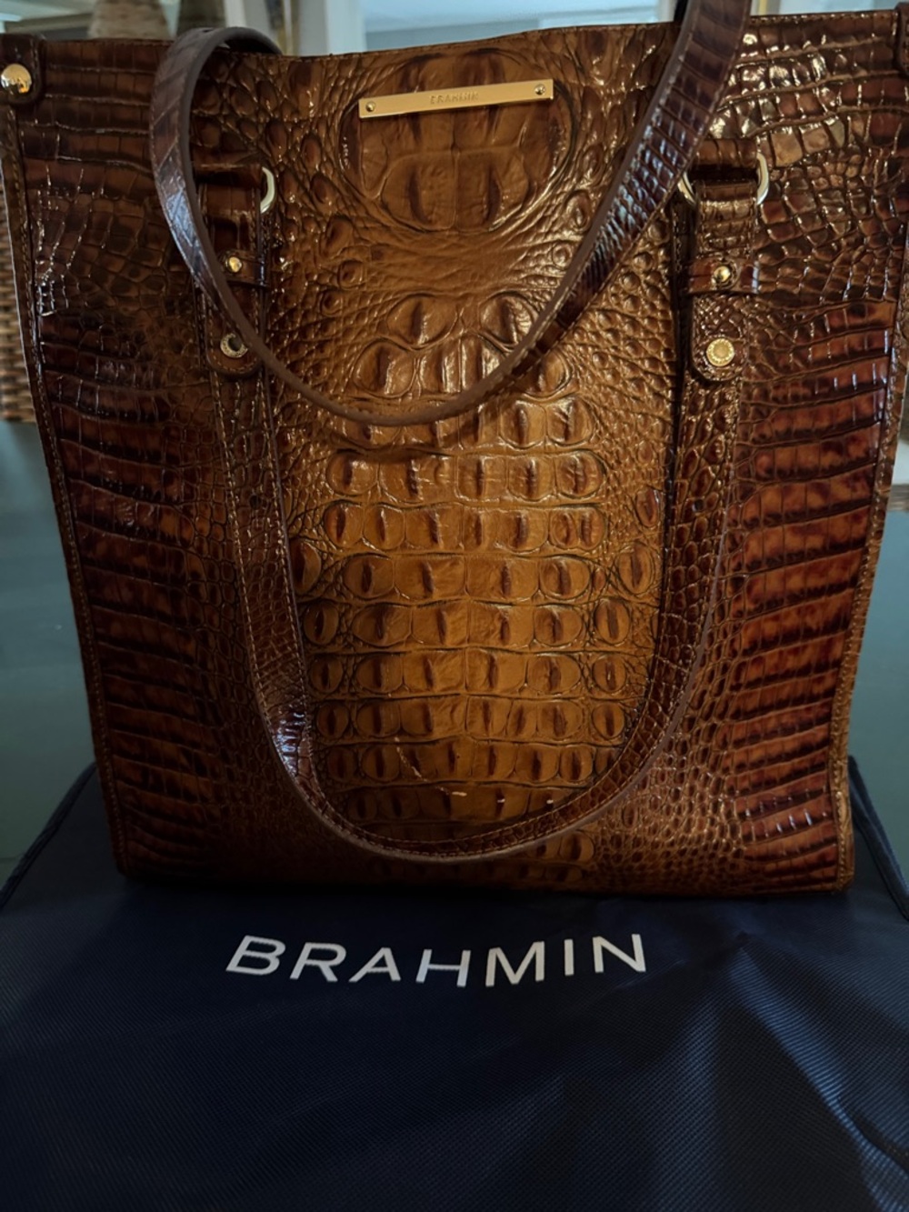 Brahmin Cognac Croc-Embossed Leather Shopper. Excellent condition.